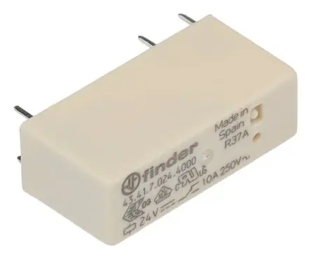 Finder 43 Leistungsrelais 24V dc Spule 1-poliger Umschalter Leiterplattenmontage 10A 2.2 kΩ 0.25 W