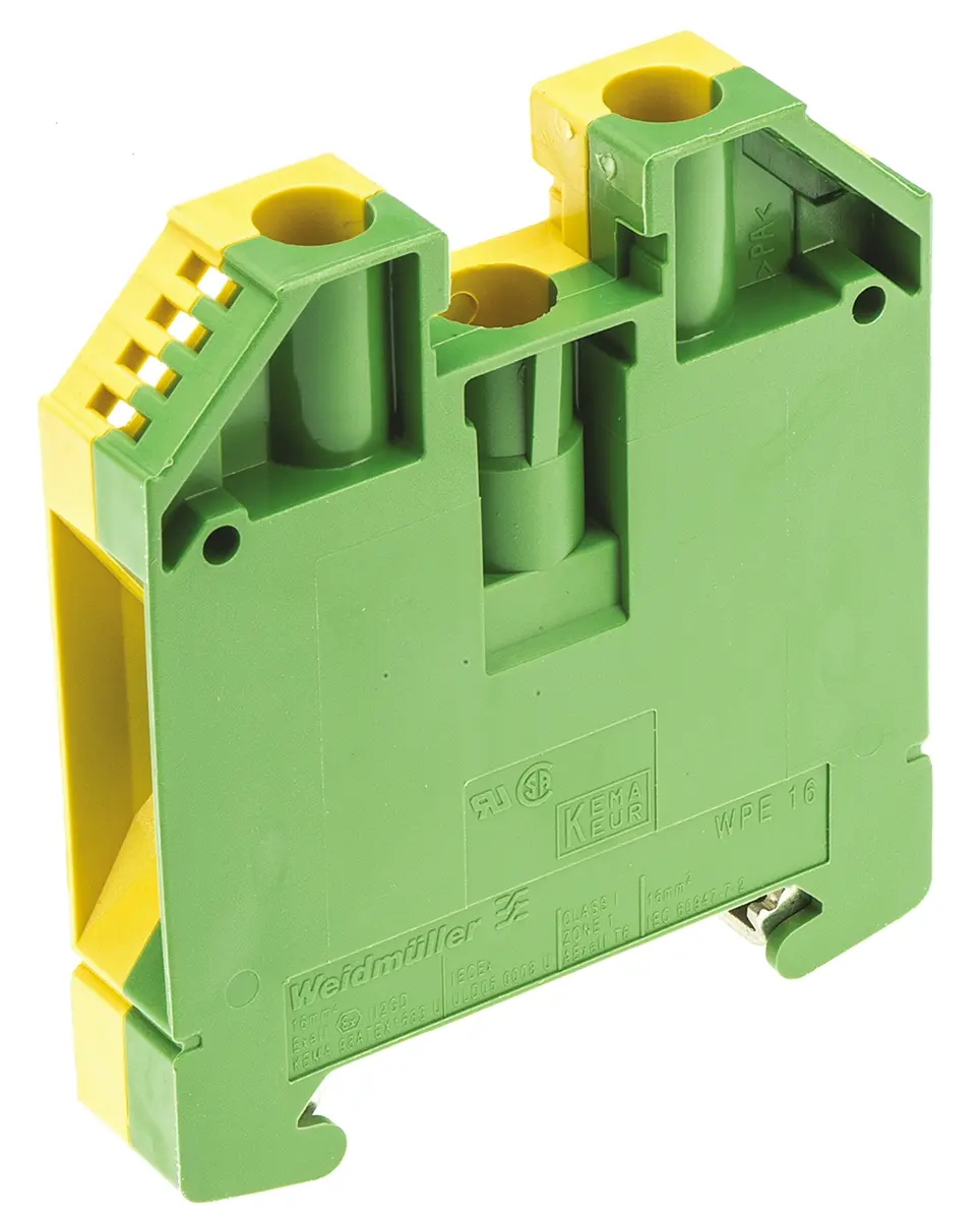 Produktfoto 1 von Weidmüller Schutzleiterklemme, WPE 16, 2-polig, 14/6 AWG, 16 mm² Schraubbefestigung, Gelb, Grün Wemid ATEX