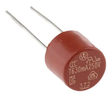 Produktfoto 1 von Wickmann Nicht zurücksetzbare Sicherung 630mA Radial 250V ac Nylon T 18.8 mm 18.8 mm 8 mm