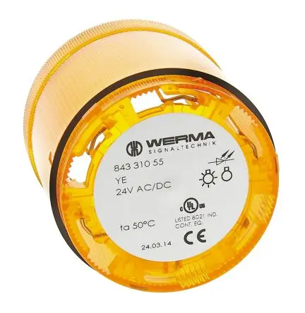 Produktfoto 1 von Werma 843 LED Signalleuchte Filament/Warnsummer-Licht 24V dc Gelb Wechselstrom/Gleichstrom IP54, 70 mm x 65.5 mm