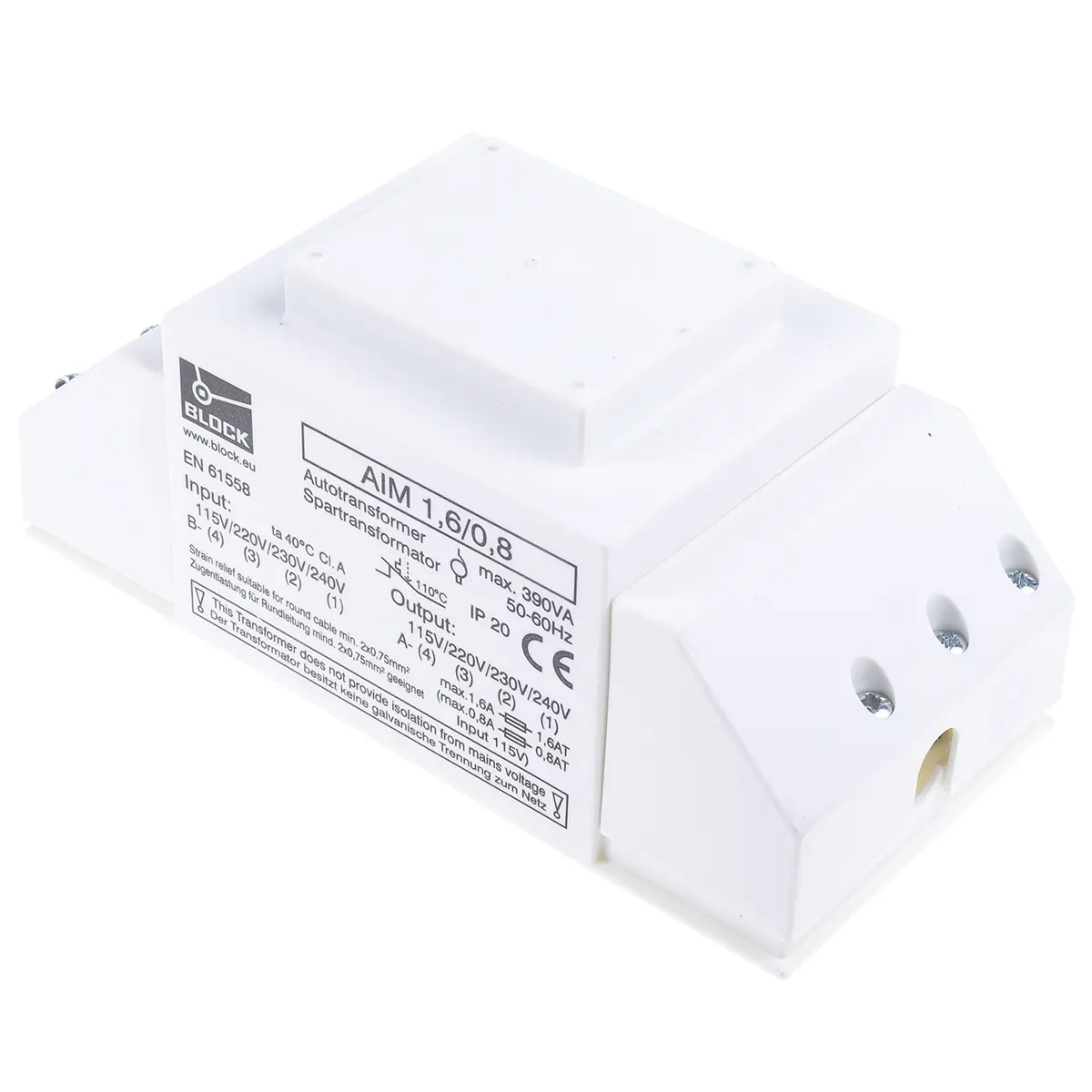 Produktfoto 1 von Block 390 VA Autotransformator, 230 V ac, Umschlossen, Panel, Schraubbefestigung