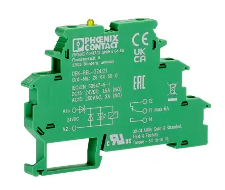 Produktfoto 1 von Phoenix Contact DEK-REL Interface Relais DIN-Hutschiene, 24V dc Spule, 1-poliger Umschalter, max. 6A, 250V ac / 250V dc,