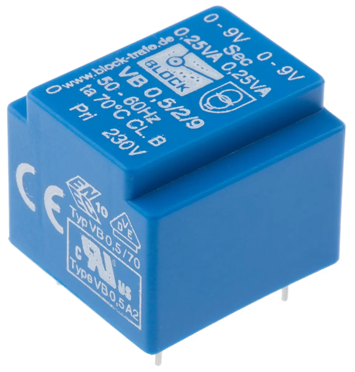 Produktfoto 1 von Block Printtrafo, Trafo 230 V ac / 6 to 2 x 24 V ac 2  Ausg. 3.2 VA 22.41 mm x 35 mm x 22.7 mm 0.17 kg Stift