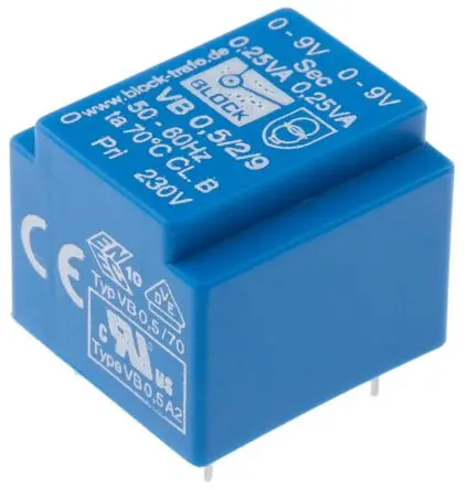 Produktfoto 1 von Block Printtrafo, Trafo 230 V ac / 6 to 2 x 24 V ac 2 Ausg. 3.2 VA 22.41 mm x 35mm x 22.7 mm 35 g Stift