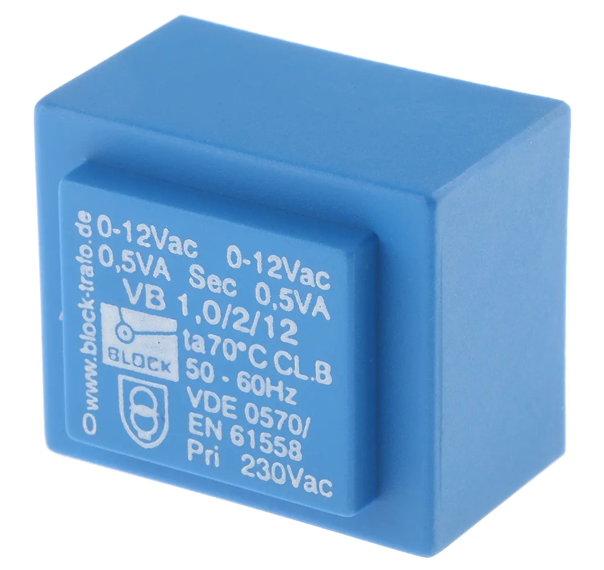 Produktfoto 1 von Block Printtrafo, Trafo 230 V ac / 6 to 2 x 24 V ac 2  Ausg. 3.2 VA 41 mm x 41 mm x 35 mm 0.17 kg Stift
