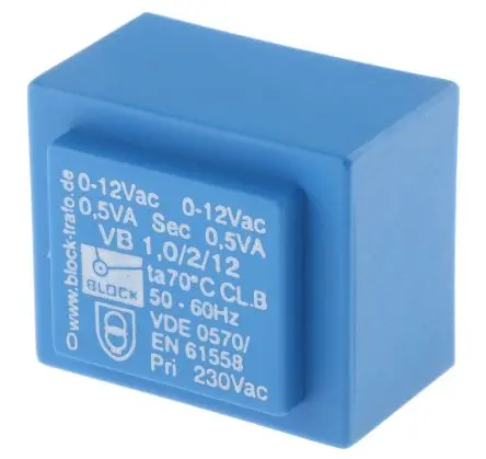 Produktfoto 1 von Block Printtrafo, Trafo 230 V ac / 6 to 2 x 24 V ac 2 Ausg. 3.2 VA 41 mm x 41mm x 35 mm 72 g Stift