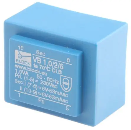Produktfoto 1 von Block Printtrafo, Trafo 230 V ac / 6 V ac 2 Ausg. 1 VA 32.3 mm x 21.8mm x 27.3 mm 173 g Lot