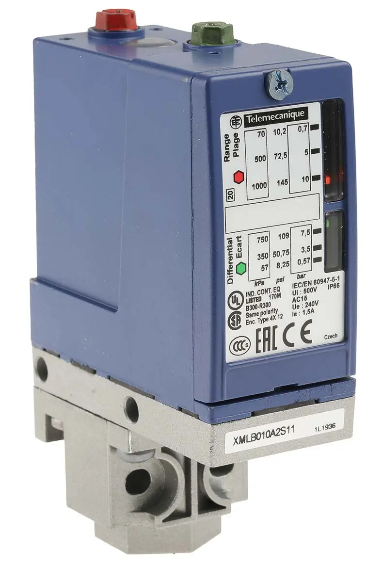 Telemecanique G1/4 Differenz Drucksensor 0.7bar bis 10bar, Relais, für Luft, Süßwasser, Hydraulikflüssigkeit, Meerwasser