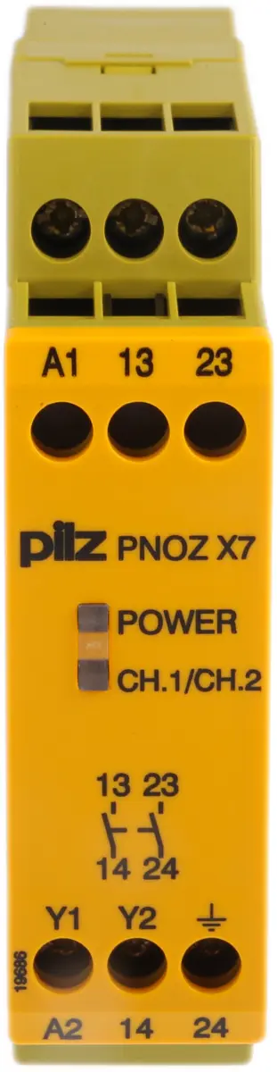 Produktfoto 1 von Pilz PNOZ X7 Sicherheitsrelais, 230V ac, 1-Kanal, 2 Sicherheitskontakte Not-Aus, 2 ISO 13849-1, Automatisch, Manuell,