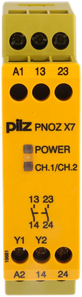 Produktfoto 1 von Pilz PNOZ X7 Sicherheitsrelais, 24V ac/dc, 1-Kanal, 2 Sicherheitskontakte Not-Aus, 2 ISO 13849-1, Automatisch, Manuell,