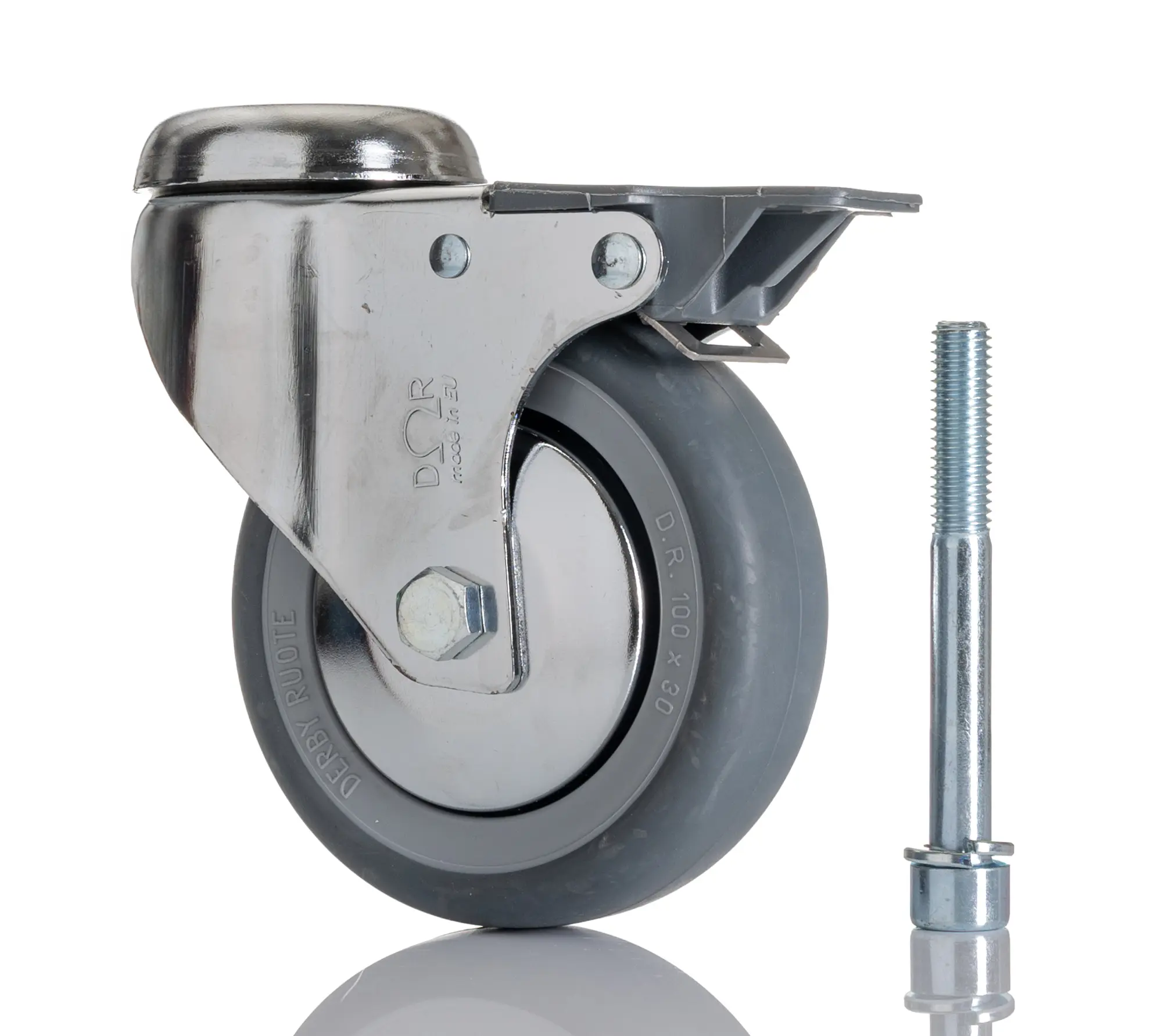 Produktfoto 1 von Tente Drehlager Lenkrolle, Rad ø 100mm, 80kg, Ges H. 137mm, Rad B. 30mm, Gewindebolzen, Gummi-Material inkl Bremse