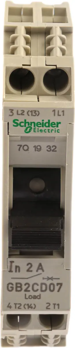 Produktfoto 1 von Schneider Electric GB2  Geräteschutzschalter, 1-polig + N-polig, TeSys, 2A, 250V ac 74 x 15 x 82mm, / 1 (DC) kA, 15