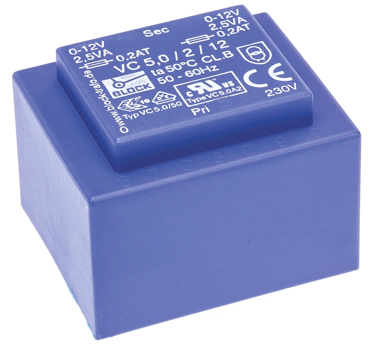 Produktfoto 1 von Block Printtrafo, Trafo 230 V ac / 2 x 12 V ac 2  Ausg. 5 VA 44 mm x 33 mm x 37 mm 0.19 kg Stift