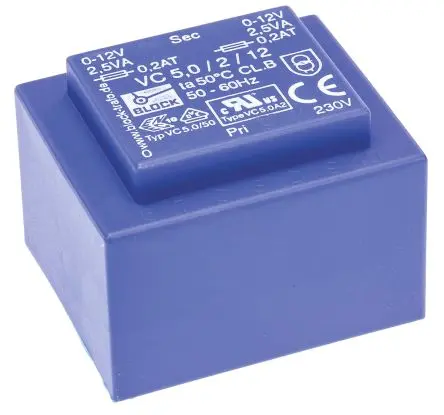Produktfoto 1 von Block Printtrafo, Trafo 230 V ac / 2 x 12 V ac 2 Ausg. 5 VA 44 mm x 33mm x 37 mm 0.19 kg Stift