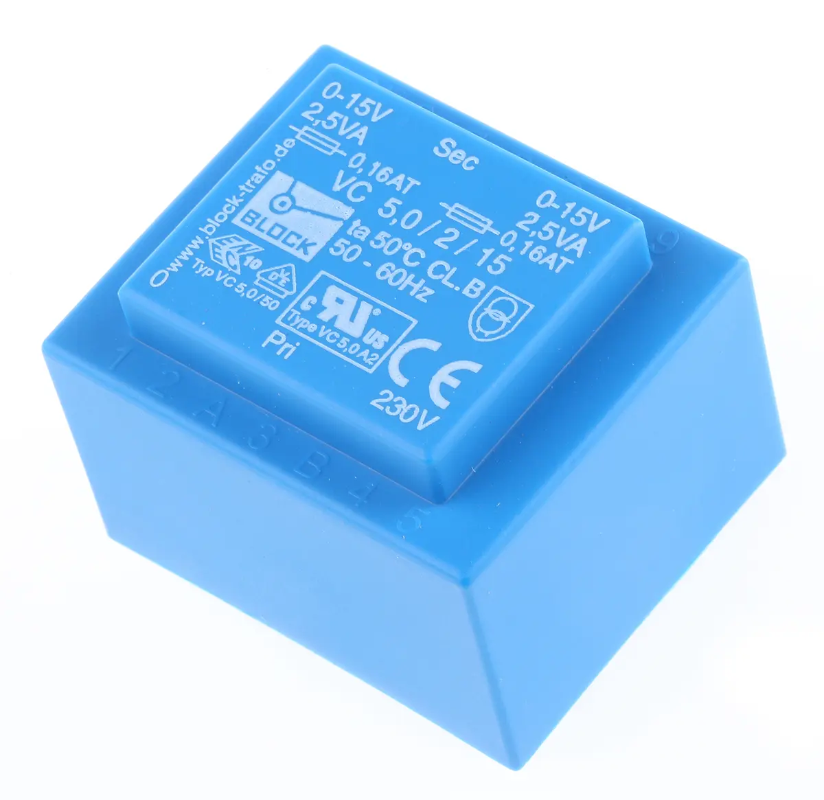 Produktfoto 1 von Block Printtrafo, Trafo 230 V ac / 2 x 15 V ac 2  Ausg. 5 VA 44 mm x 33 mm x 37 mm 0.19 kg Stift