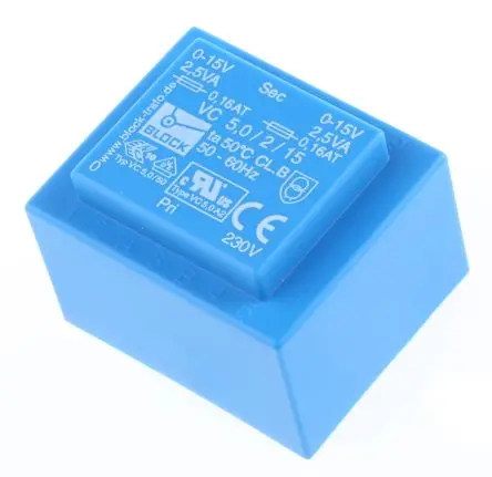 Produktfoto 1 von Block Printtrafo, Trafo 230 V ac / 2 x 15 V ac 2 Ausg. 5 VA 44 mm x 33mm x 37 mm 0.19 kg Stift