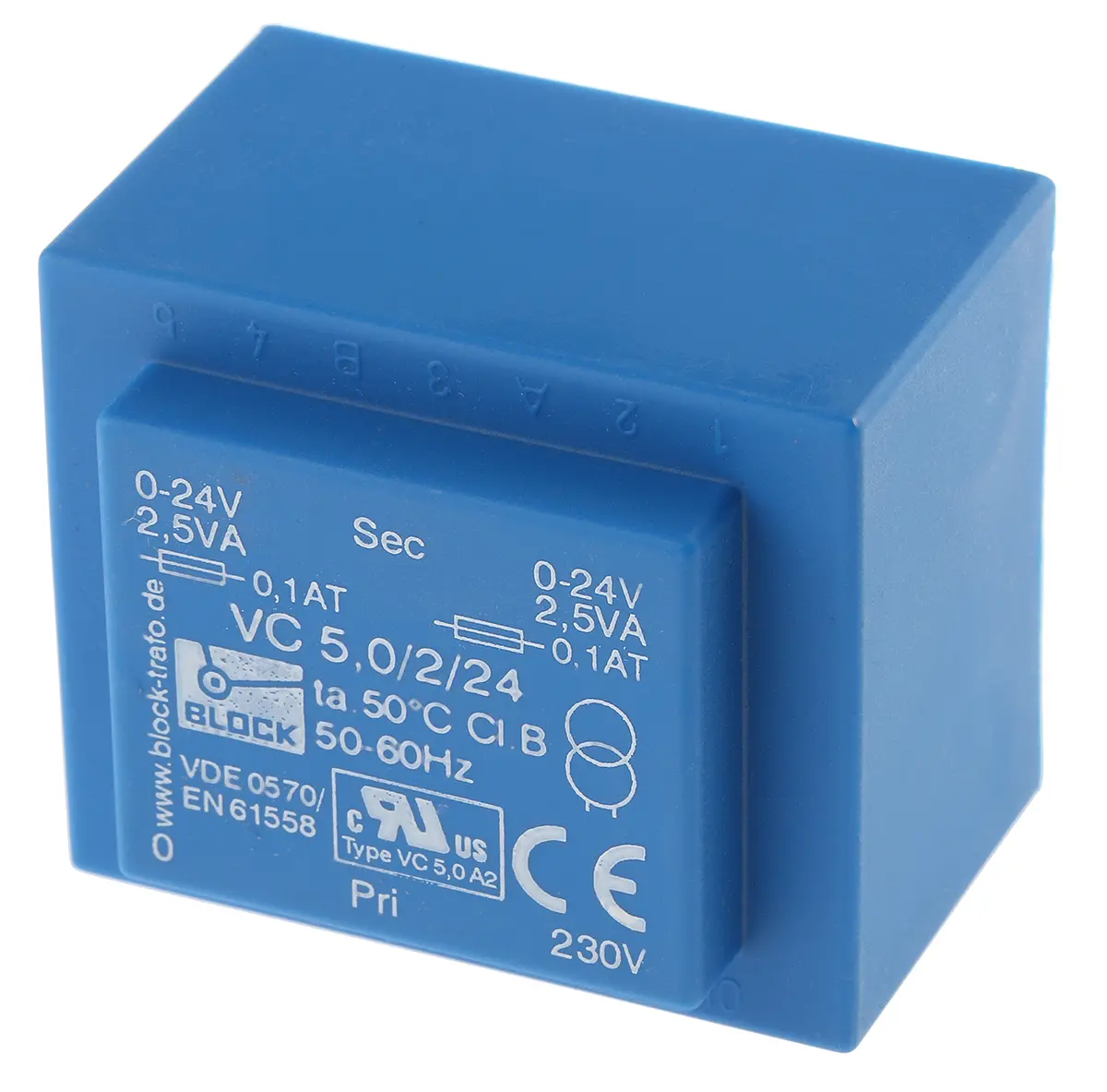 Produktfoto 1 von Block Printtrafo, Trafo 230 V ac / 24 V ac 2  Ausg. 16 VA 57 mm x 48 mm x 37 mm 0.42 kg Stift