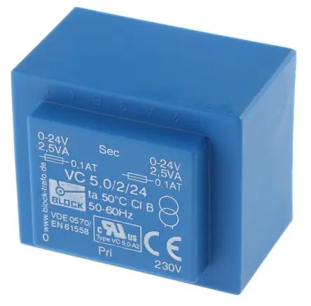 Produktfoto 1 von Block Printtrafo, Trafo 230 V ac / 24 V ac 2 Ausg. 16 VA 57 mm x 48mm x 37 mm 0.42 kg Stift