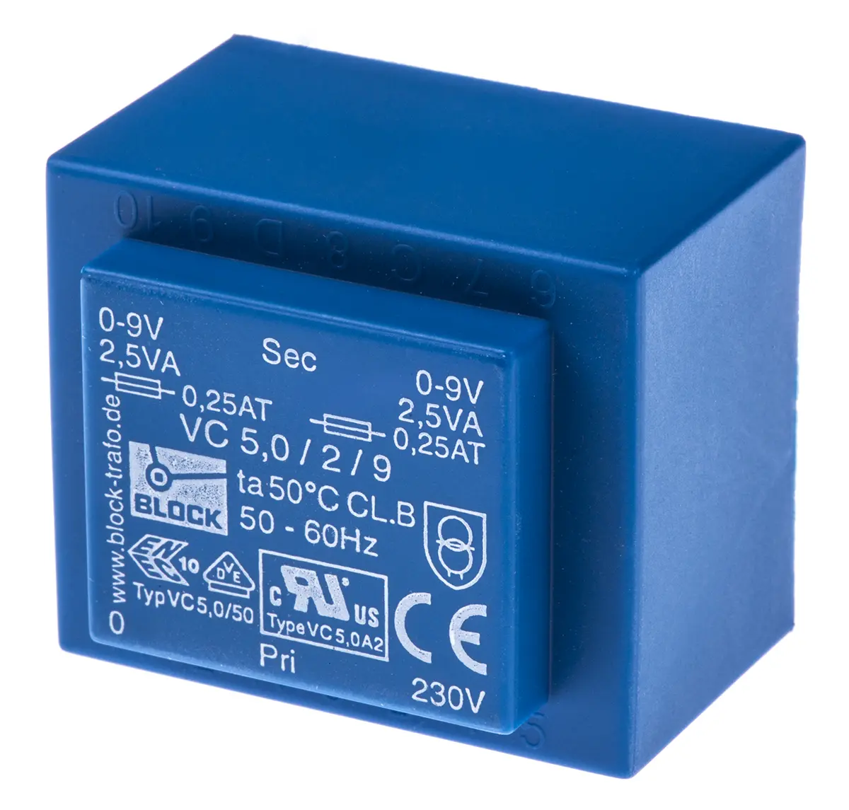 Produktfoto 1 von Block Printtrafo, Trafo 230 V ac / 2 x 9 V ac 2  Ausg. 5 VA 44 mm x 33 mm x 37 mm 0.42 lb Stift