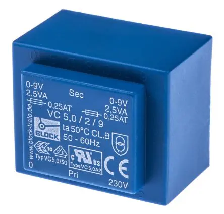 Produktfoto 1 von Block Printtrafo, Trafo 230 V ac / 2 x 9 V ac 2 Ausg. 5 VA 44 mm x 33mm x 37 mm 0.42 lb Stift