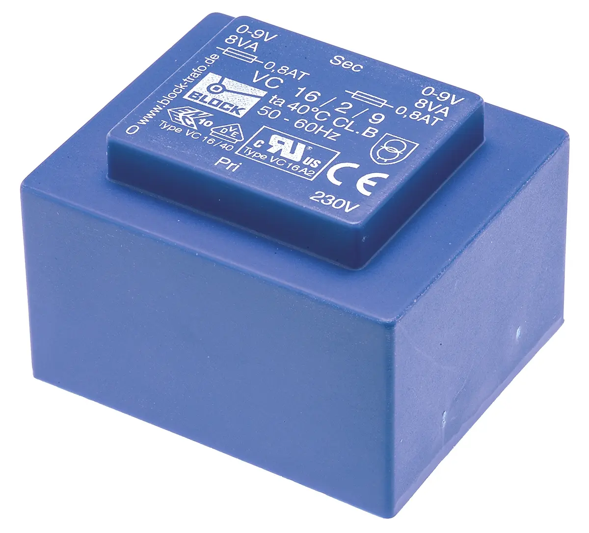 Produktfoto 1 von Block Printtrafo, Trafo 230 V ac / 2 x 9 V ac 2  Ausg. 16 VA 57 mm x 39 mm x 48 mm 0.42 kg Stift