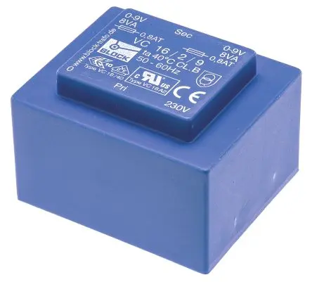 Produktfoto 1 von Block Printtrafo, Trafo 230 V ac / 2 x 9 V ac 2 Ausg. 16 VA 57 mm x 39mm x 48 mm 0.42 kg Stift