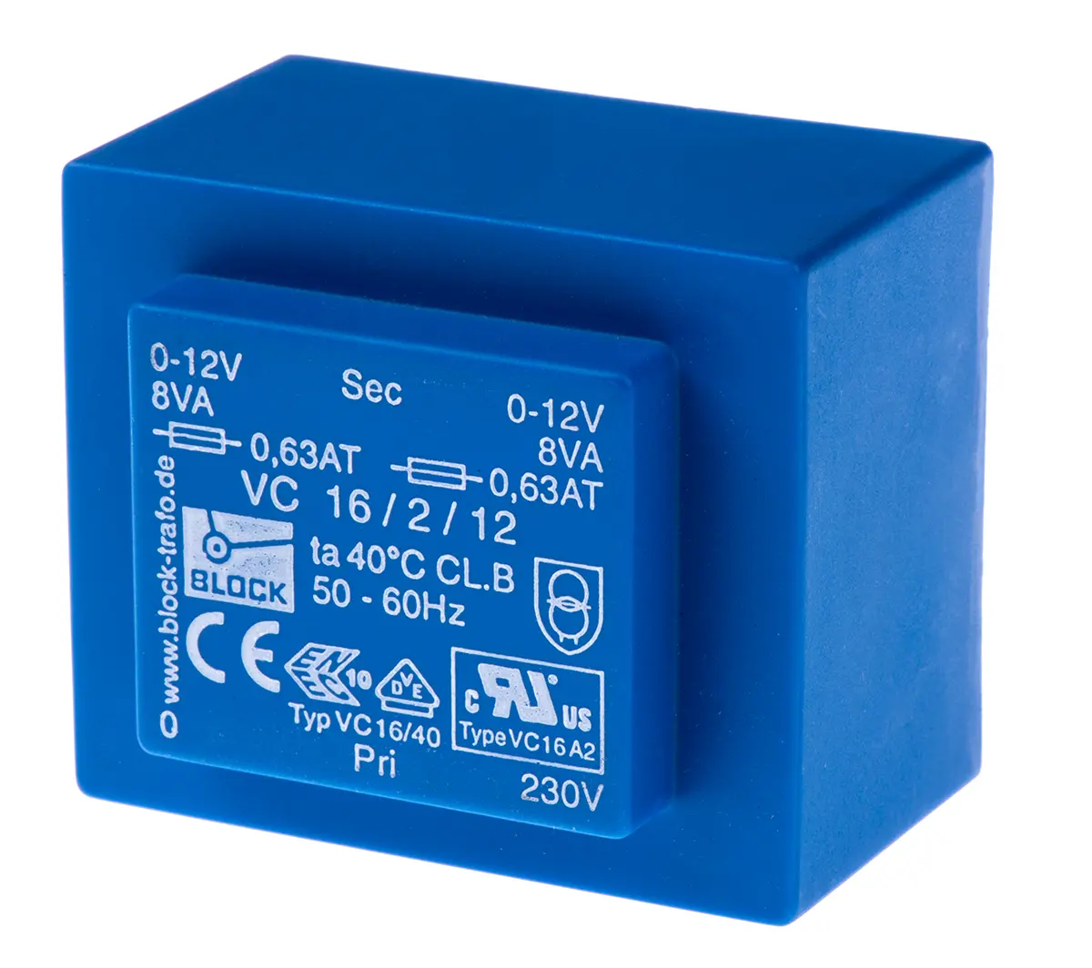 Produktfoto 1 von Block Printtrafo, Trafo 230 V ac / 2 x 12 V ac 2  Ausg. 16 VA 57 mm x 39 mm x 48 mm 0.93 lb Stift