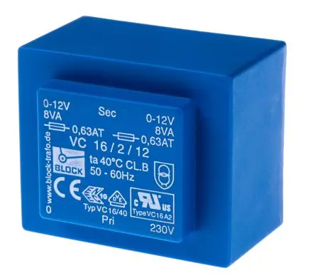 Produktfoto 1 von Block Printtrafo, Trafo 230 V ac / 2 x 12 V ac 2 Ausg. 16 VA 57 mm x 39mm x 48 mm 420 g Stift
