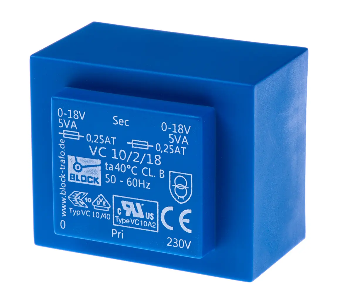 Produktfoto 1 von Block Printtrafo, Trafo 230 V ac / 2 x 18 V ac 2  Ausg. 10 VA 51 mm x 34.6 mm x 43 mm 0.62 lb Stift