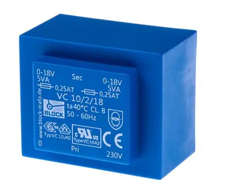 Produktfoto 1 von Block Printtrafo, Trafo 230 V ac / 2 x 18 V ac 2 Ausg. 10 VA 51 mm x 34.6mm x 43 mm 280 g Stift