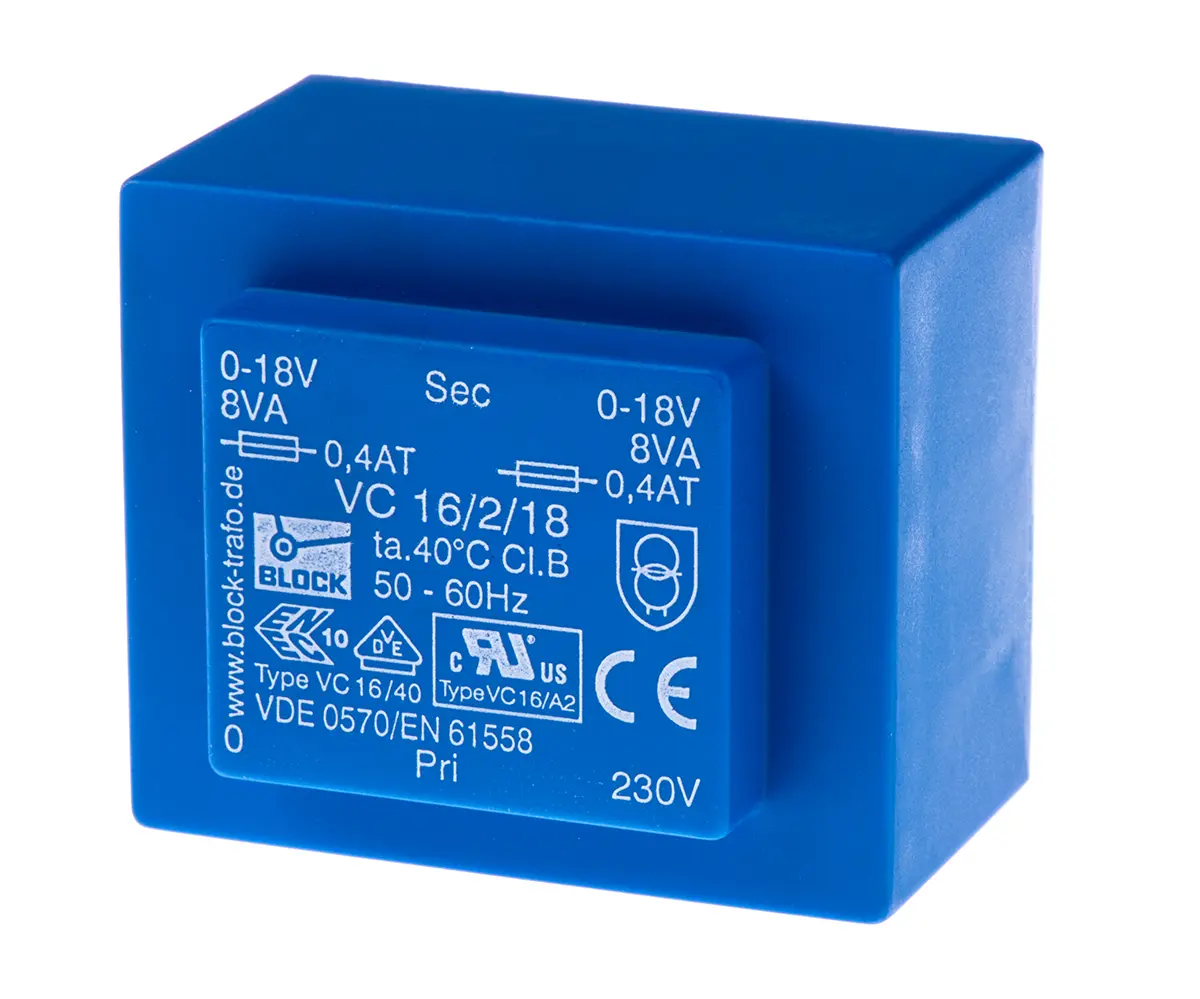 Produktfoto 1 von Block Printtrafo, Trafo 230 V ac / 2 x 18 V ac 2  Ausg. 16 VA 57 mm x 39 mm x 48 mm 0.42 kg Stift