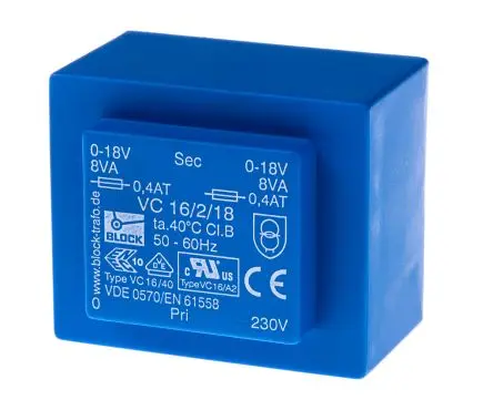 Produktfoto 1 von Block Printtrafo, Trafo 230 V ac / 2 x 18 V ac 2 Ausg. 16 VA 57 mm x 39mm x 48 mm 0.42 kg Stift
