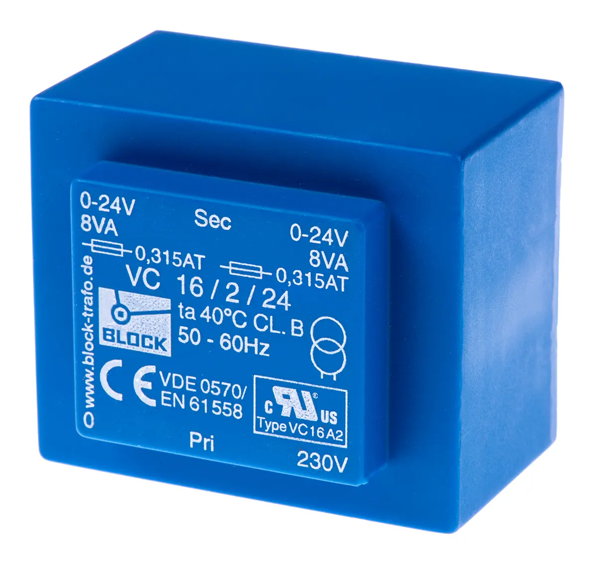 Produktfoto 1 von Block Printtrafo, Trafo 230 V ac / 2 x 24 V ac 2  Ausg. 16 VA 57 mm x 39 mm x 48 mm 0.42 kg Stift