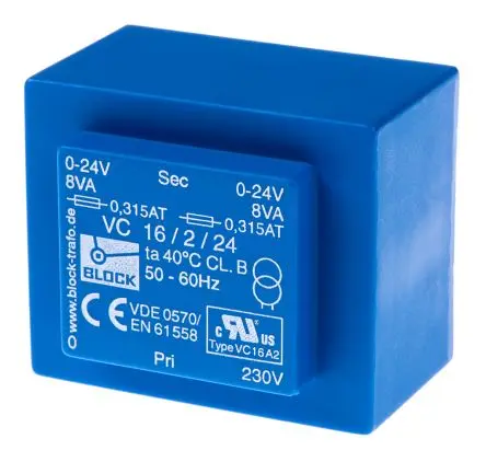 Produktfoto 1 von Block Printtrafo, Trafo 230 V ac / 2 x 24 V ac 2 Ausg. 16 VA 57 mm x 39mm x 48 mm 0.42 kg Stift
