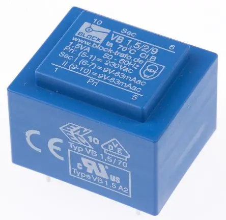 Produktfoto 1 von Block Printtrafo, Trafo 230 V ac / 9 V ac 12 Ausg. 1.5 VA 41 mm x 21.8mm x 27.3 mm 84 g Stift