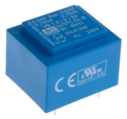 Produktfoto 1 von Block Printtrafo, Trafo 230 V ac / 2 x 24 V ac 2 Ausg. 1.5 VA 32.3 mm x 21.8mm x 27.3 mm 84 g Stift