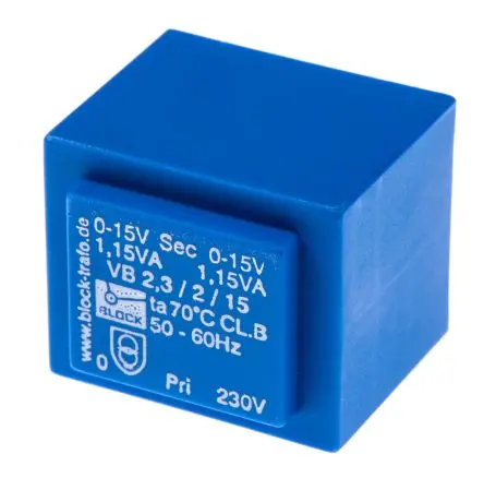 Produktfoto 1 von Block Printtrafo, Trafo 230 V ac / 6 to 2 x 24 V ac 2 Ausg. 3.2 VA 22.41 mm x 35mm x 27.3 mm 139 g Stift