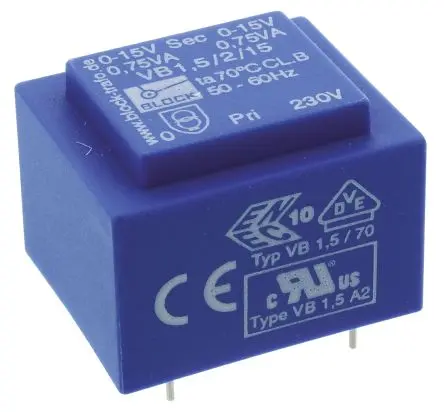 Produktfoto 1 von Block Printtrafo, Trafo 230 V ac / 6 to 2 x 24 V ac 2 Ausg. 3.2 VA 32.3 mm x 21.8mm x 27.3 mm 84 g Stift