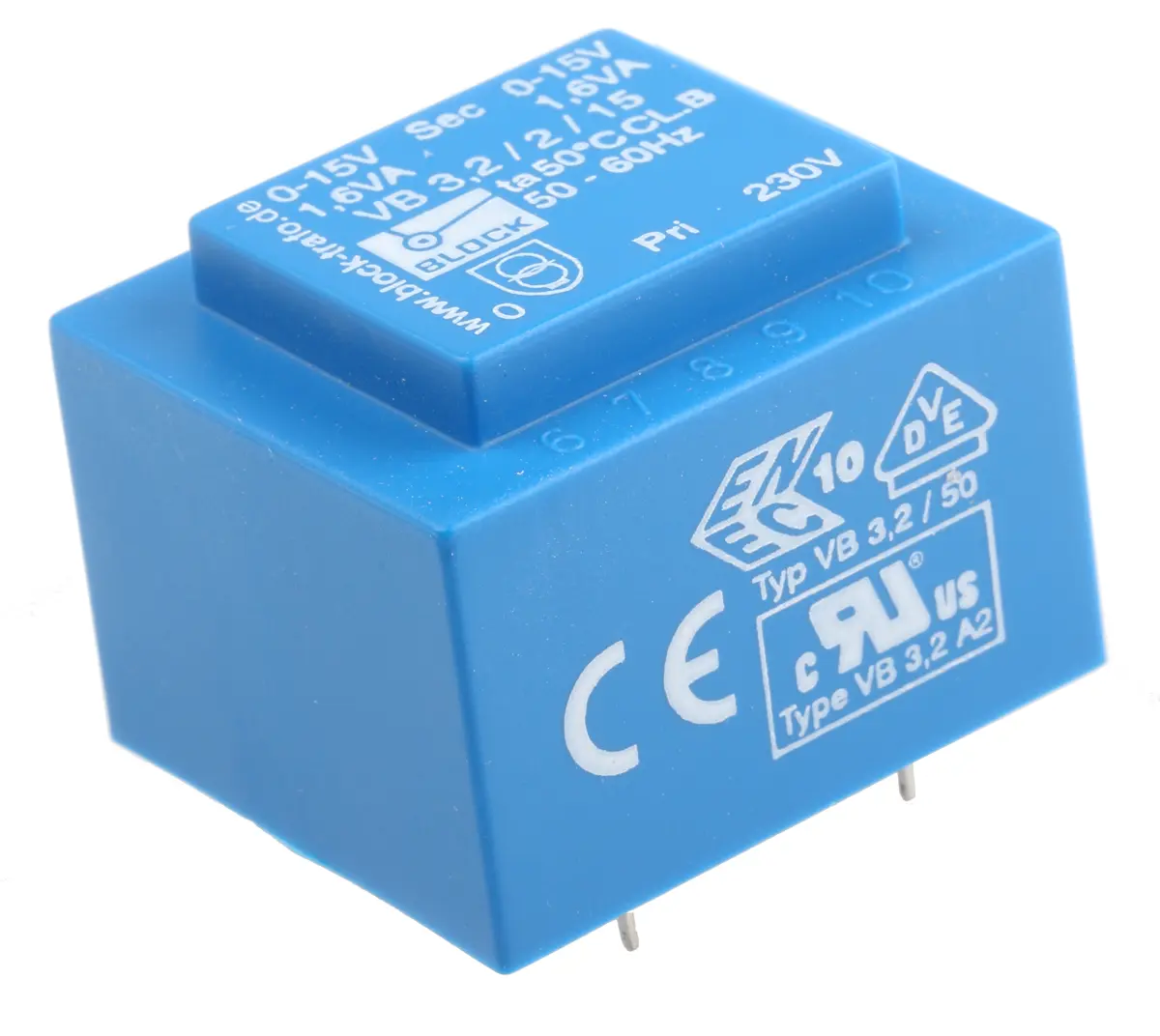 Produktfoto 1 von Block Printtrafo, Trafo 230 V ac / 6 to 2 x 24 V ac 2  Ausg. 3.2 VA 22.41 mm x 35 mm x 35 mm 0.17 kg Stift
