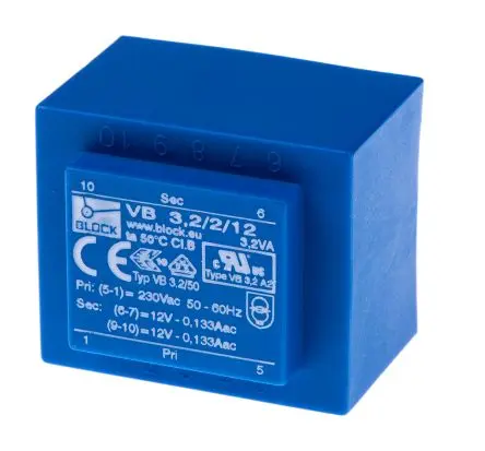 Produktfoto 1 von Block Printtrafo, Trafo 230 V ac / 12 V ac 2 Ausg. 3.2 VA 22.41 mm x 35mm x 35 mm 0.17 kg Stift