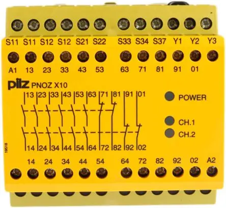 Produktfoto 1 von Pilz PNOZ X10 Sicherheitsrelais 24V dc, 6 Sicherheitskontakte, 4 Hilfsschalter EN 60068-2-78, EN ISO 13849-1, IEC 61511,