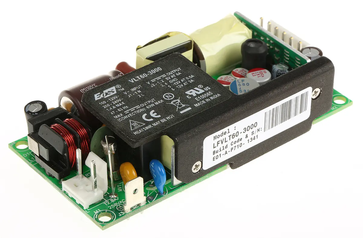 Produktfoto 1 von EOS Schaltnetzteil, 5.2 V dc, 12.5 V dc / 3 A, 8 A, 500mA 3-Kanal 60W 180 → 264 V ac, 90 → 132 V ac