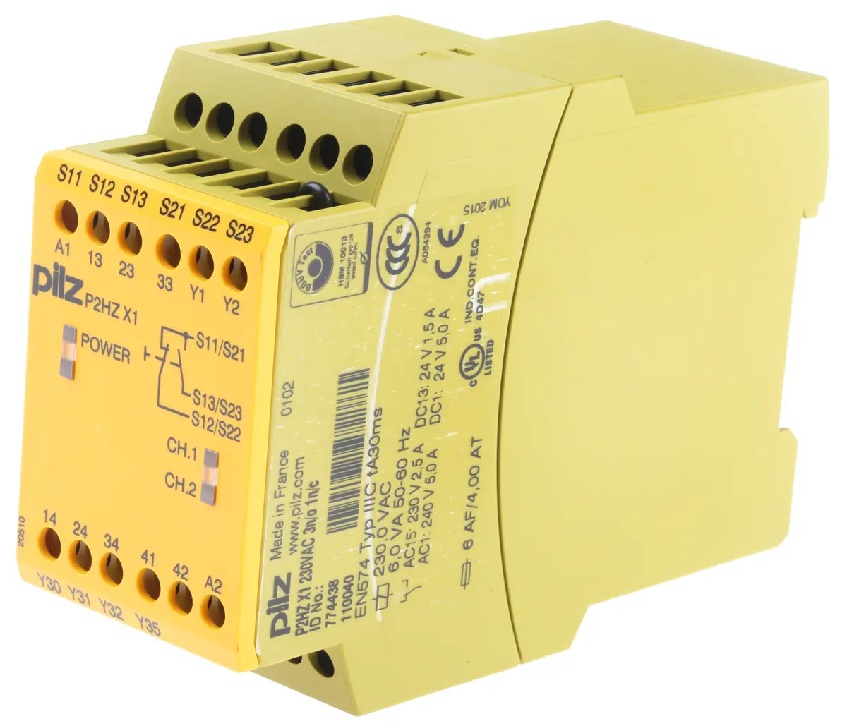 Produktfoto 1 von Pilz P2HZ X1 Sicherheitsrelais 230V ac, 3 Sicherheitskontakte, 1 Hilfsschalter, Manuell EN 60068-2-6, EN 61000-6-2, EN