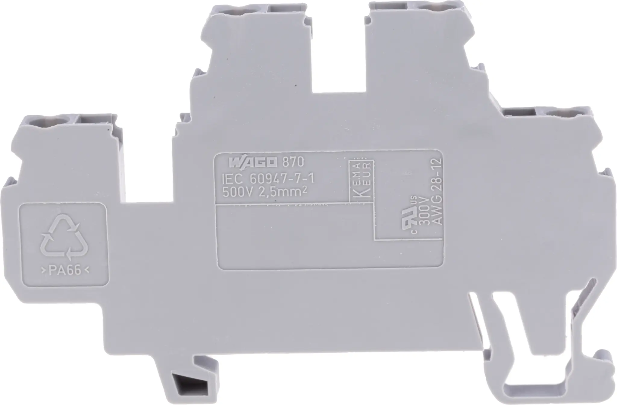 Produktfoto 1 von WAGO 870 Verbindungsklemme Zweifach Grau, 2.5mm², 500 V / 24A, mit Käfigklemme
