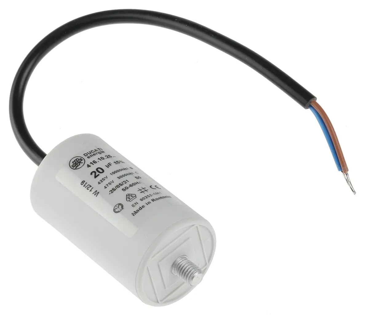 Produktfoto 1 von Ducati Energia 4.16.10 Folienkondensator 500V ac 20 μF ±5 %, Mit Gewindebolzen Raster 10 mm