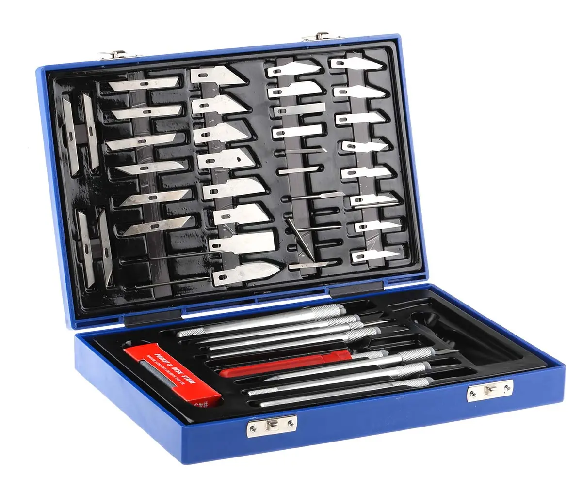 Produktfoto 1 von RS PRO Bastelmessersatz Bastelset Vierkant, Rund, Flach, Diagonal mit 37 Klingen Kunststoff-Griff 255 mm