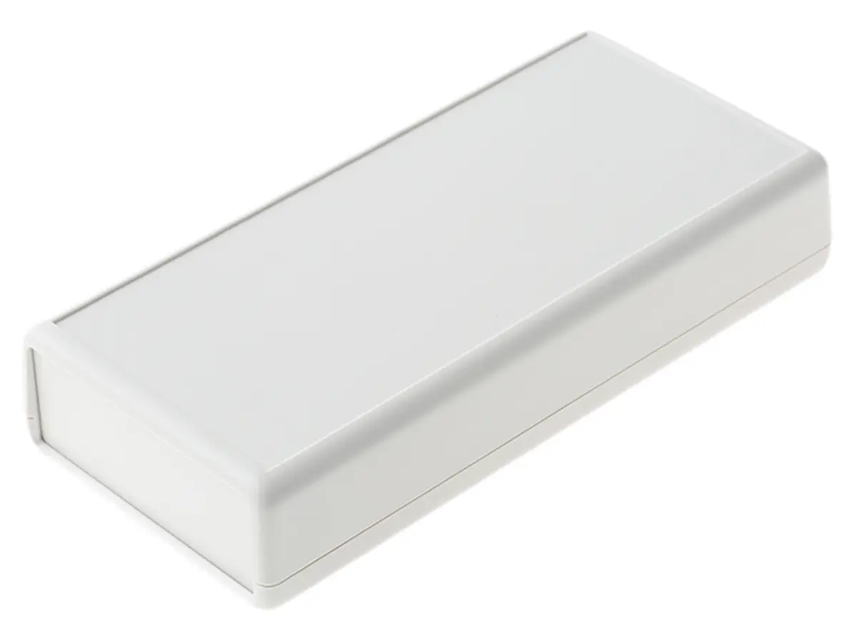 Produktfoto 1 von Hammond Tragbares Gehäuse, ABS, 66 mm Eingebautes Batteriefach, 140 mm, H. 28 mm, Grau, IP54