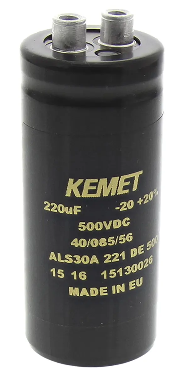 Produktfoto 1 von KEMET ALS30, Schraub Aluminium-Elektrolyt Kondensator 220μF ±20% / 500V dc, Ø 36mm x 82mm x 82mm, +85°C