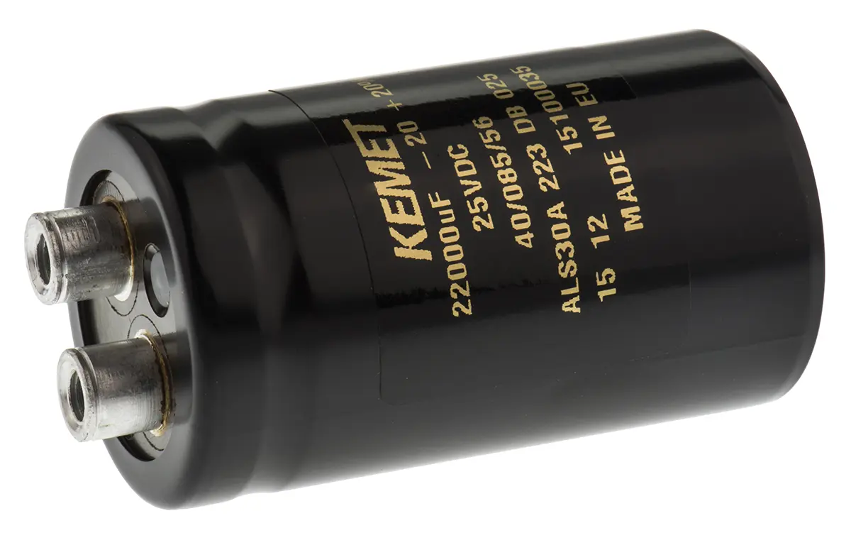 Produktfoto 1 von KEMET ALS30, Schraub Aluminium-Elektrolyt Kondensator 22000μF ±20% / 25V dc, Ø 36mm x 62mm x 62mm, +85°C