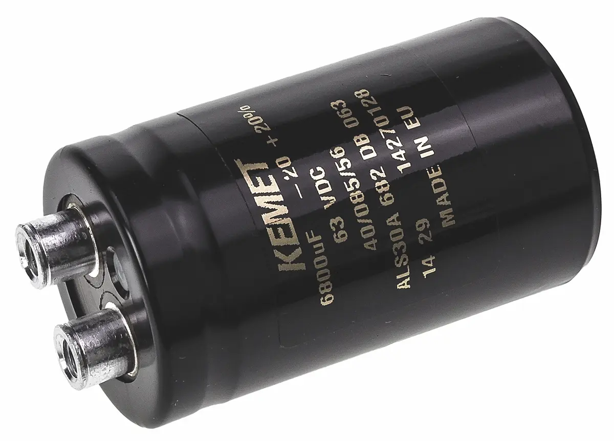 Produktfoto 1 von KEMET ALS30, Schraub Aluminium-Elektrolyt Kondensator 6800μF ±20% / 63V dc, Ø 36mm x 62mm x 62mm, +85°C